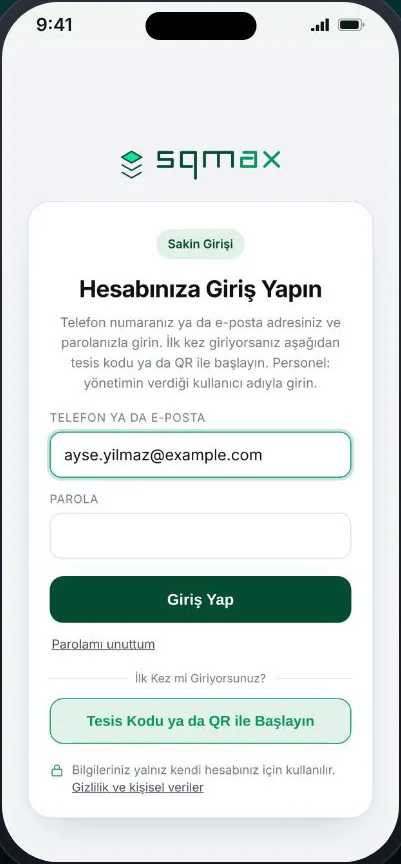 Sakin girişi ekranı
