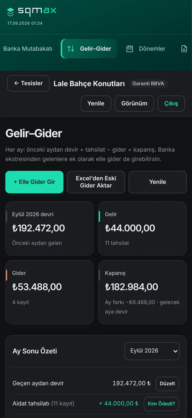SQMax gelir-gider ekranı